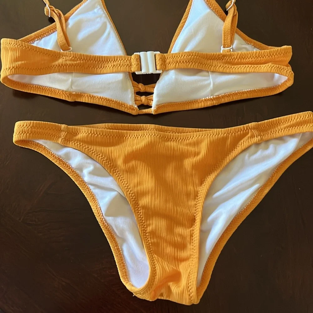 Marigold Yellow Ribbed Triangle Bikini Set Center Ladder Detail Cheeky Small - Picture 10 of 14
